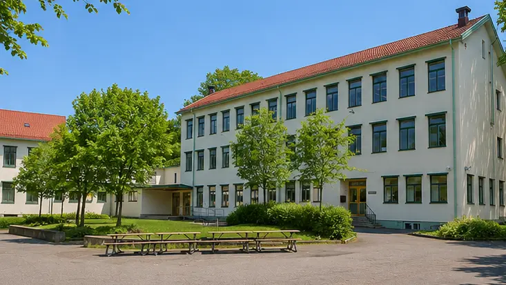 Bild från skolgården, porten till gymnastiksalen ligger längst in i hörnet.