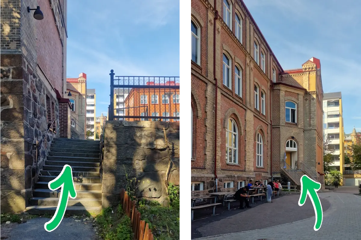 Sväng in på skolans baksida och gå in genom port 4a.